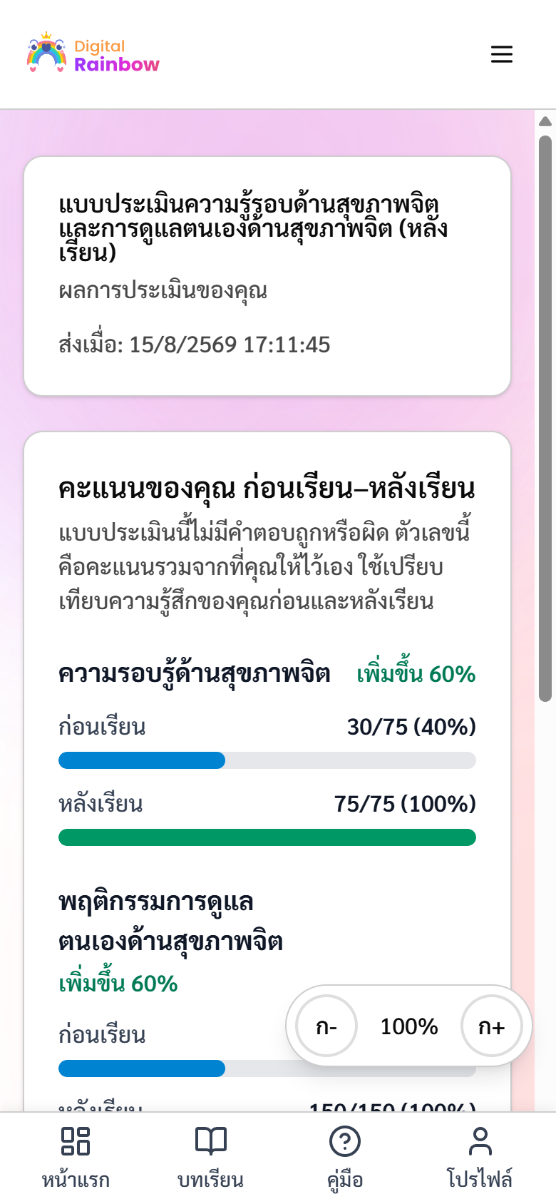 หน้าผลเปรียบเทียบคะแนนก่อนเรียนและหลังเรียน แยกเป็นสองด้าน