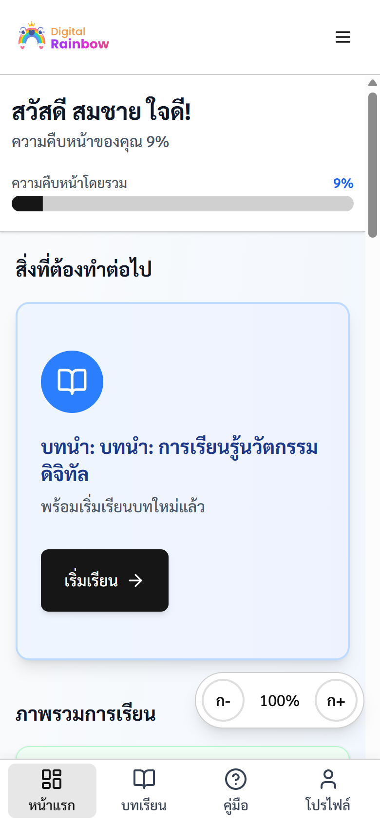 หน้าแรกหลังทำแบบประเมินเสร็จ บทนำเปิดให้เรียนได้แล้ว